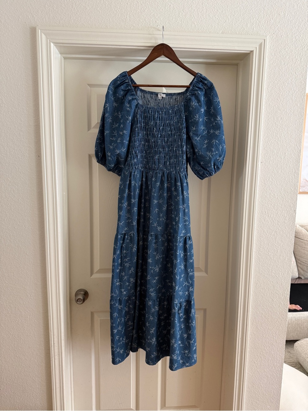 Polagram Blue Floral Smocked Midi Dress Cottagecore Puff Sleeve Size Medium